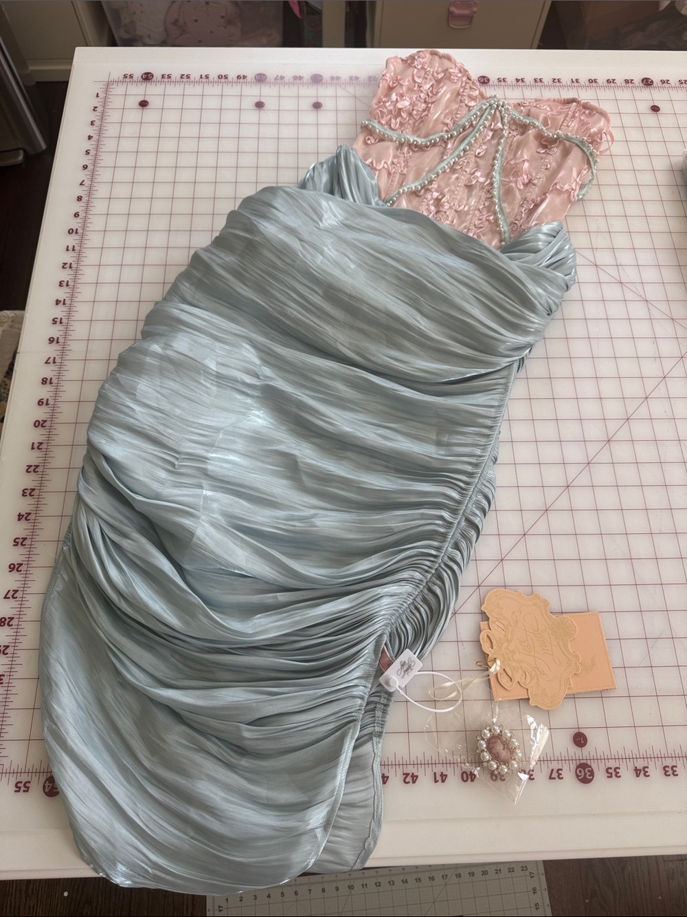 Strapless Pink Lace and Light Blue Draped Evening Dress - Picture 4 of 5
